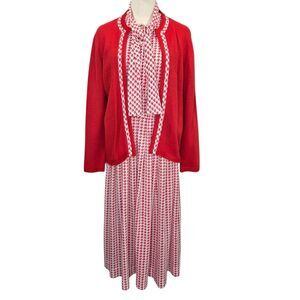 Vintage 70s 80s Red & White  Cardigan and Knit Tie Neck Secretary Style Dress 14